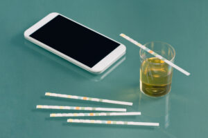 A smartphone sitting on a green tabletop next to a small glass containing a urine sample, with paper drug test strips laying nearby.