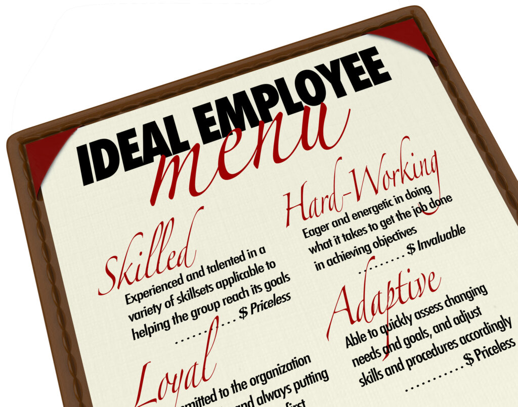 A leatherbound menu reading “Ideal Employee Menu” with items listed as “Skilled,” “Hard-working,” “loyal,” and “adaptive.”